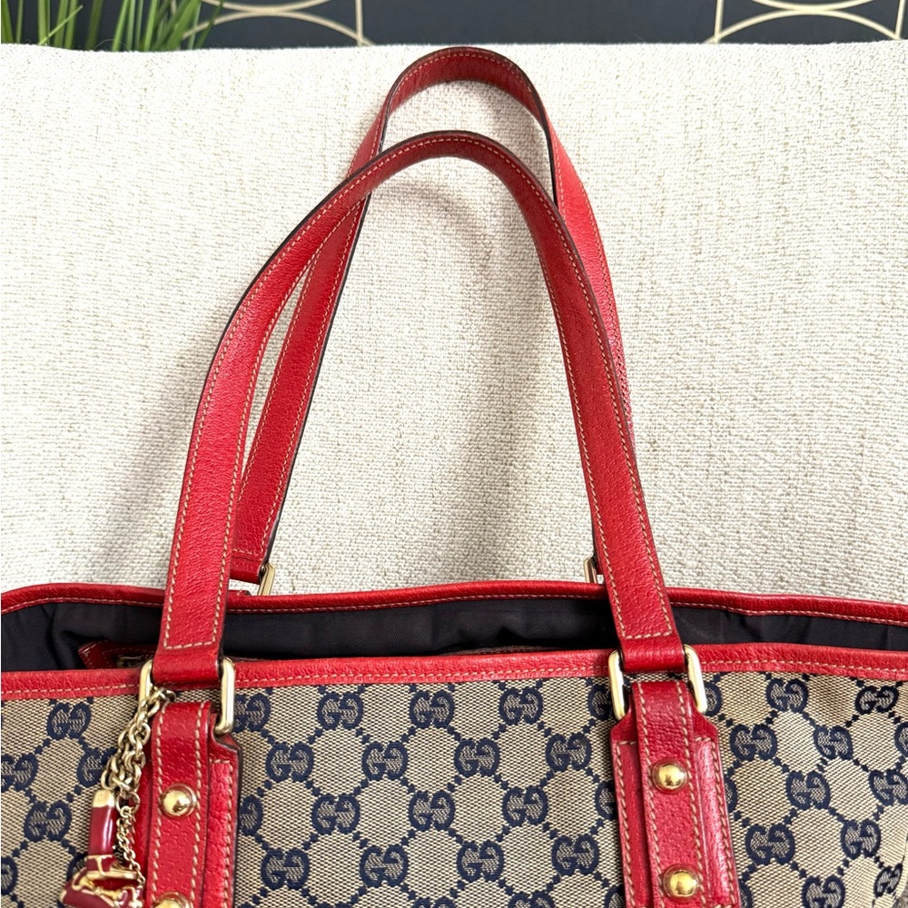 Authentic Gucci Sherry Line tote bag grey canvas red leather - Picture 4 of 16